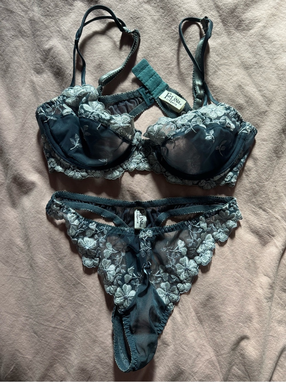 Felina Teal Floral Lace Underwire Bra & Bikini Set